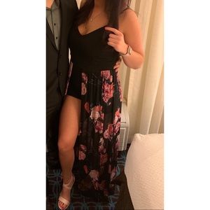 Black jumpsuit/romper with sheer floral skirt